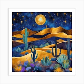 Indigo Desert Nightindigo Desert Night Abstract Landscape With Cactus And Stars- Abstract Bohemian Art Landscape Ochre and Indigo Tones. Boho Style. Mountain View, Sun, Moon, Hills, night abstract landscape with cactus and stars. Vector Art Poster Set. Art Print