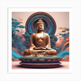 Lord Buddha Is Walking Down A Long Path, In The Style Of Bold And Colorful Graphic Design, David , R (1) Art Print