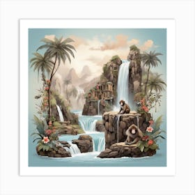 Waterfall and monkeys 3 Art Print