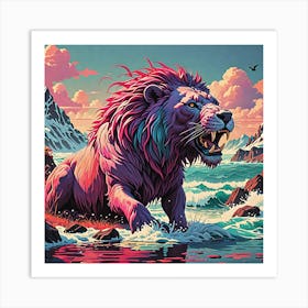 Lion In The Water Art Print