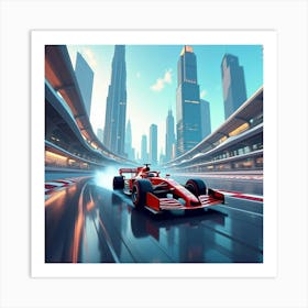 Formula Car Drifting On A Futuristic Track Surrounded By Towering Skyscrapers 1 Art Print