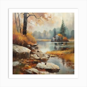 Autumn Lake,Forest Lake, Vintage Oil Painting, Farmhouse Wall Decorations, Antique Landscape, Vintage Landscape Oil Painting.3 5 Art Print