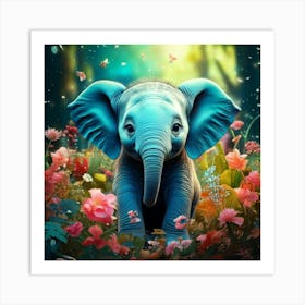 Firefly Adorable Turquoise Baby Elephant In A Magical Flowered Forest 60104 (2) Art Print