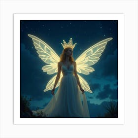 Fairy Queen With Wings Glowing In The Starlit Night Sky 1 Art Print