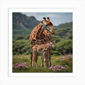 Giraffe Mother And Baby Art Print
