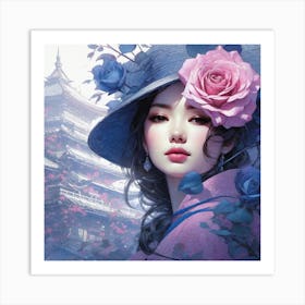 Asian Girl With Roses Art Print