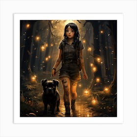 Girl And Dog In The Dark Woods Art Print