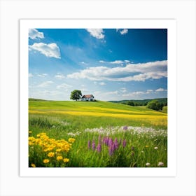 A Countryside Landscape Bathed In Sunlit Brilliance With A Solitary House Modern Minimalist Set (1) Art Print