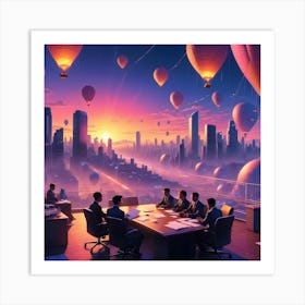 Business Meeting On Rooftop, Futuristic City With Hot Air Balloons, Sunrise Art Print