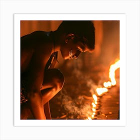 Boy Lighting A Fire Art Print