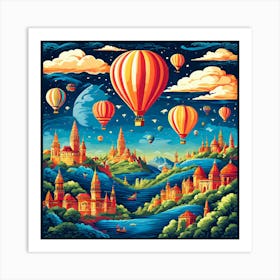 Hot Air Balloons In The Sky, Hot Air Balloon Adventures A Whimsical Pattern With Colorful Hot Air Balloons Floating Over Landmark 1 Art Print