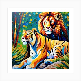 Tiger And Lion Painting Art Print