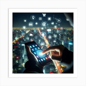 Man Using Smartphone At Night Art Print