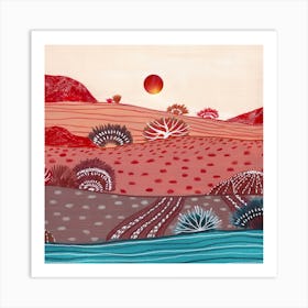 Boho Hills And Red Sun Square Art Print