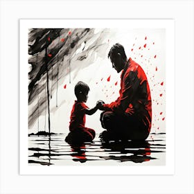 Father and Son Bond Sumi-e Abstract Ink Wall Art Red and Black Print Poster