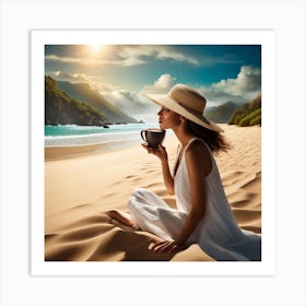 Woman Drinking Coffee On The Beach Art Print