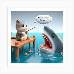 Cat Fishing With Shark Art Print