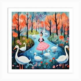 Girl With Swans Art Print