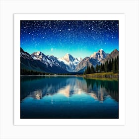 Firefly Mountains, Snow Capped, Towering, Background, Tranquil, Lake, Foreground, Reflecting, Starry (8) Art Print