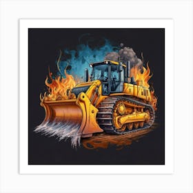 Yellow bulldozer surrounded by fiery flames 13 Art Print