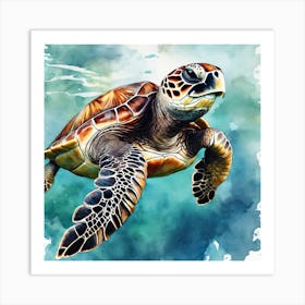 Sea Turtle In Motion, Sea Turtle Watercolour Art Print (1) Art Print