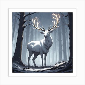 A White Stag In A Fog Forest In Minimalist Style Square Composition 19 Art Print