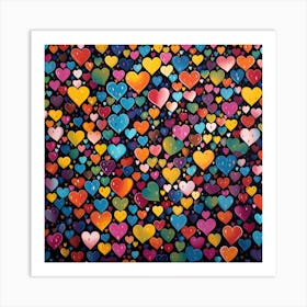 Colorful Hearts On Black Background Art Print