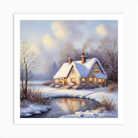 Oil Painting Of A Charming, Snow Covered Cottage With A Smoking Chimney, Situated Near A Lake Art Print