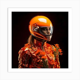 Firefly Striking Portrait, Futuristic Helmet, Glowing Plant, Vibrant, Bright Orange, Dark Background (8) Art Print