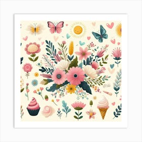 Flowers And Butterflies Art Print