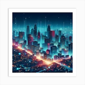 An Illustration Of A City At Night With Bright, Colorful Lights And A Modern Look Art Print