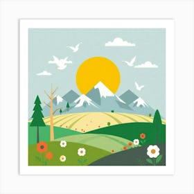 Landscape With Mountains And Flowers Art Print