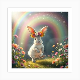 A Glowing Rabbit With Floral Antlers Hopping Under A Shimmering Rainbow In A Magical Garden 1 Art Print