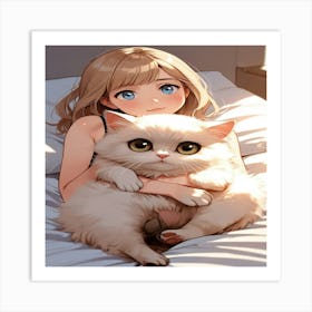 Anime Girl Hugging A Cat Art Print