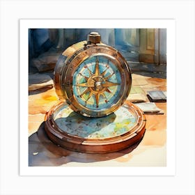 Watercolor Of A Compass Art Print