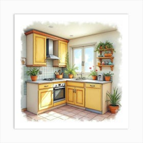 Beautifully Designed Kitchen In Watercolor, Cheerful Tones 1 Art Print