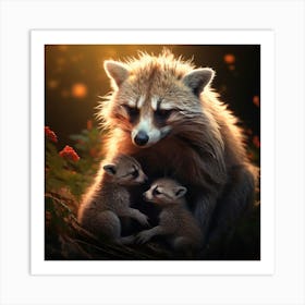 Raccoon With Cubs, A Mother Animal Caring For Her Young Illustrating Nurturing And Love Art Print