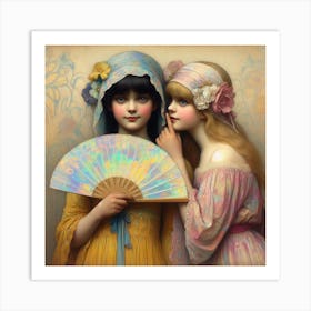 Two Girls Holding A Fan 1 Art Print