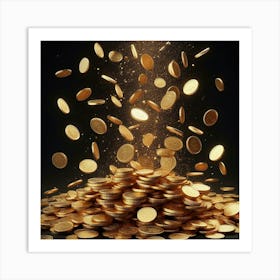 Golden Coins Falling from the Sky and Creating a Pile of Money on a Black Background Art Print