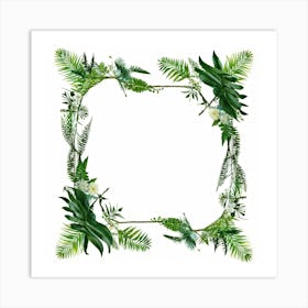 A Tropical Floral Decoration Showcasing A Square Frame Of A Stylized Tree Branch And Ferns Composit (1) Art Print