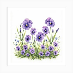 Delicate Watercolor Violets And Pansies In A Garden Art Print