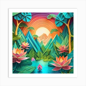 Firefly Beautiful Modern Abstract Lush Tropical Jungle And Island Landscape And Lotus Flowers With A (5) Art Print