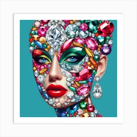 Pop Art Gems: A Creative and Vibrant Collage of a Woman’s Face with Diamonds, Rubies, and Emeralds Art Print