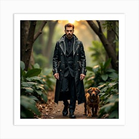 Man In Trench Coat Walking Dog Art Print