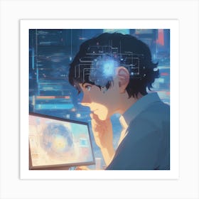 Boy Looking At A Computer Screen Art Print