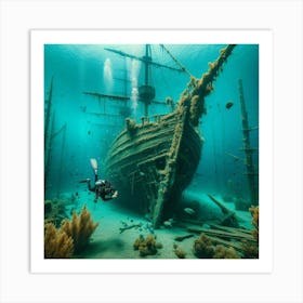 Into The Water Snorkeling In Amsterdam S Crystal Clear Lake, Unveiling A Sunken Shipwreck Style Hyperrealistic Underwater Art (4) Art Print