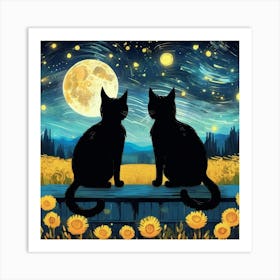 Two Cats Watching The Moon Art Print