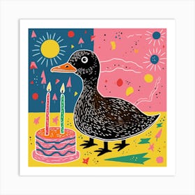 Colourful Birthday Duckling Linocut Style 2 Art Print