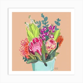 Neon Floral Aqua Vase With Proteas Art Print