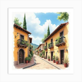 Watercolor Depiction Of A Historic Spanish Town With Charming Streets Art Print